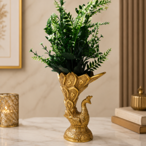 Home golden peacock flower vase with artificial green plant arrangement