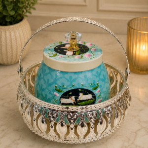 royal blue ceramic jar with silver basket holder