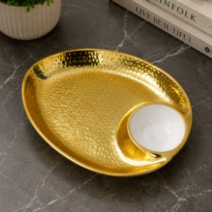 luxury gold serving platter with dip bowl